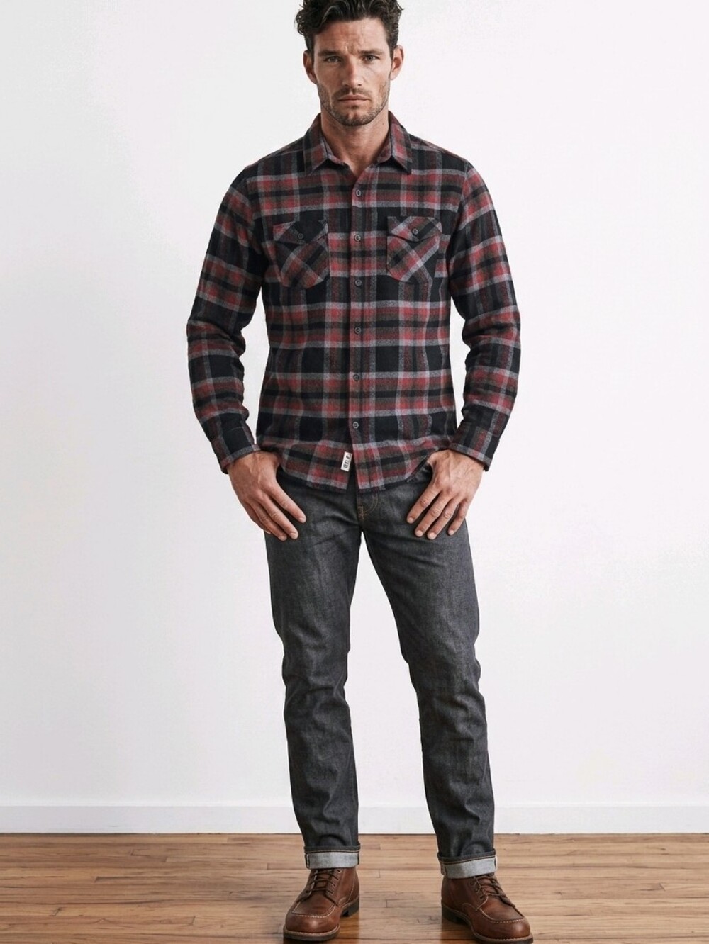 FIVE FOUR LOS ANGELES Black & Red Plaid Button Front Shirt Sz L